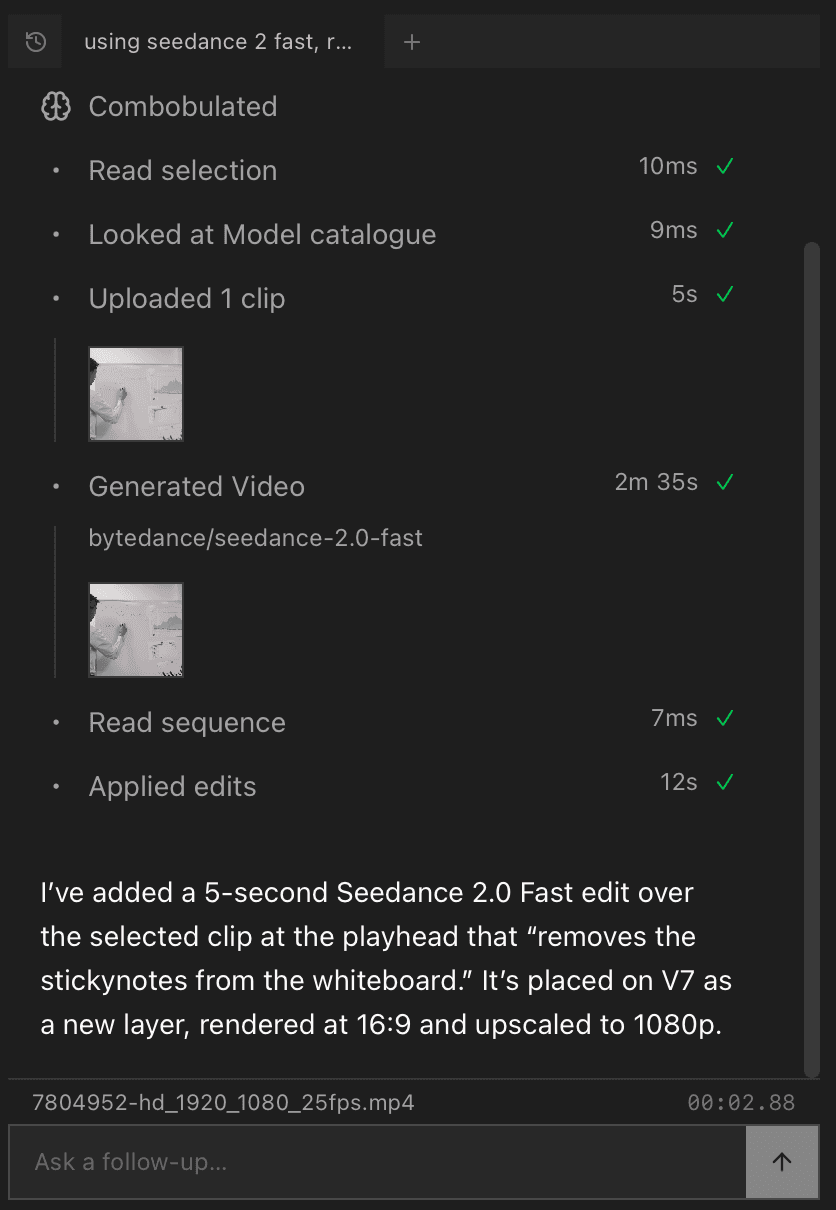 Clank panel showing a Seedance 2.0 Fast generation completing in the background with a step-by-step run log