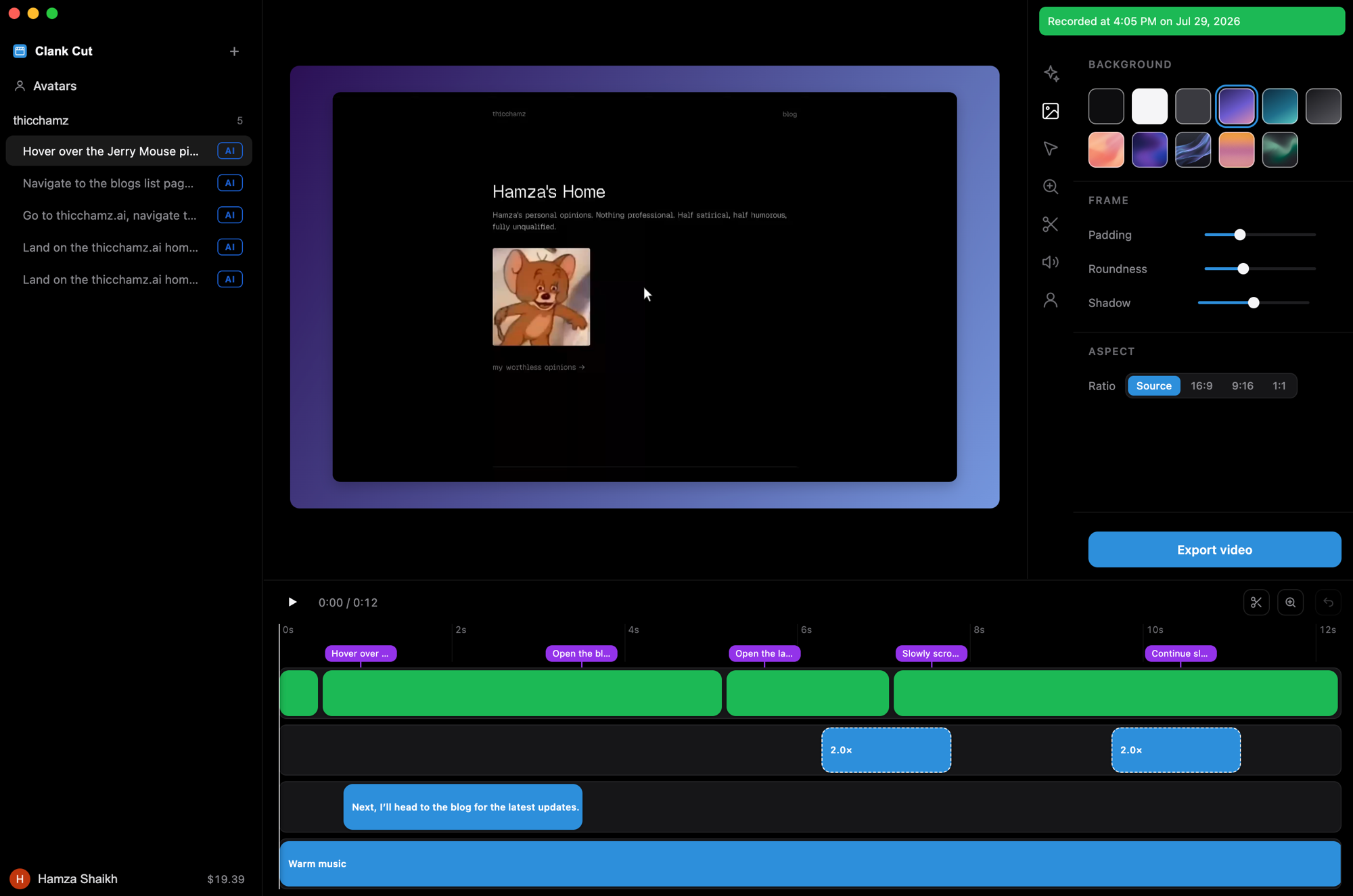 The Clank Cut editor: an AI-recorded take on the timeline with zoom regions, narration, and music tracks, plus background and framing controls.